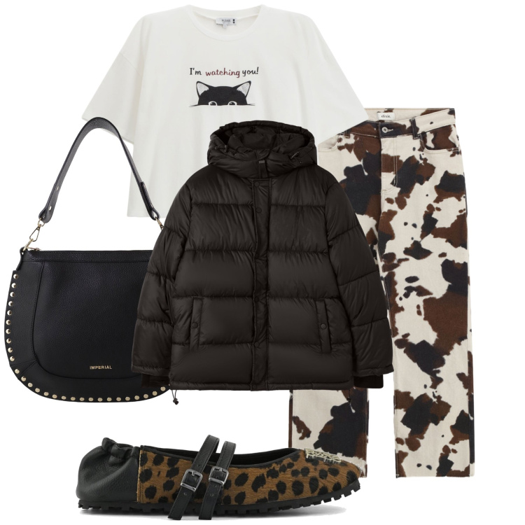 Outfit donna - Pantaloni particolari. Stile Sporty chic per Tutti i giorni. Abbinamento con t-shirt, bomber, borse a spalla, pantaloni, ballerine.