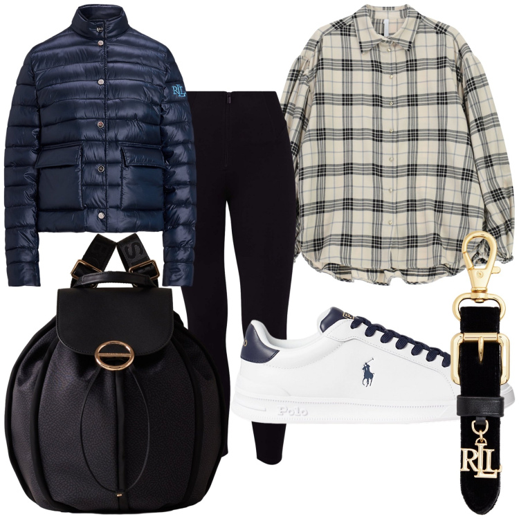 Outfit donna - Total look. Stile Trendy per Tutti i giorni. Abbinamento con camicie, zaini, pantaloni skinny, sneakers, piumini, portachiavi.