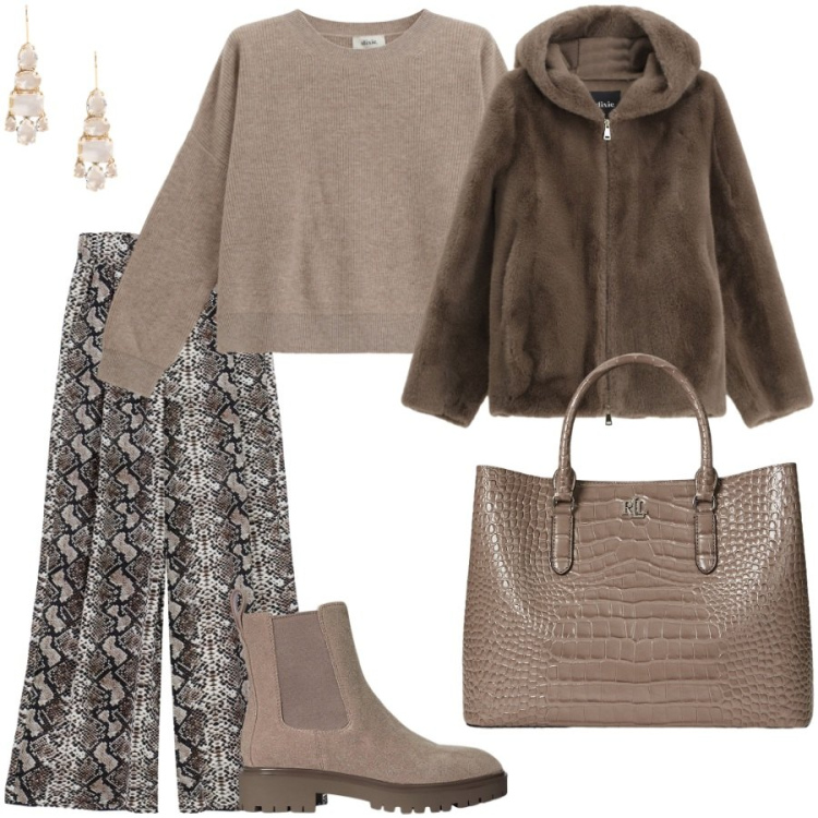 Outfit donna - Il pantalone serpentato. Stile Casual chic per Ufficio. Abbinamento con pantaloni a palazzo, pantaloni, maglieria, orecchini, stivaletti chelsea, borse a mano.