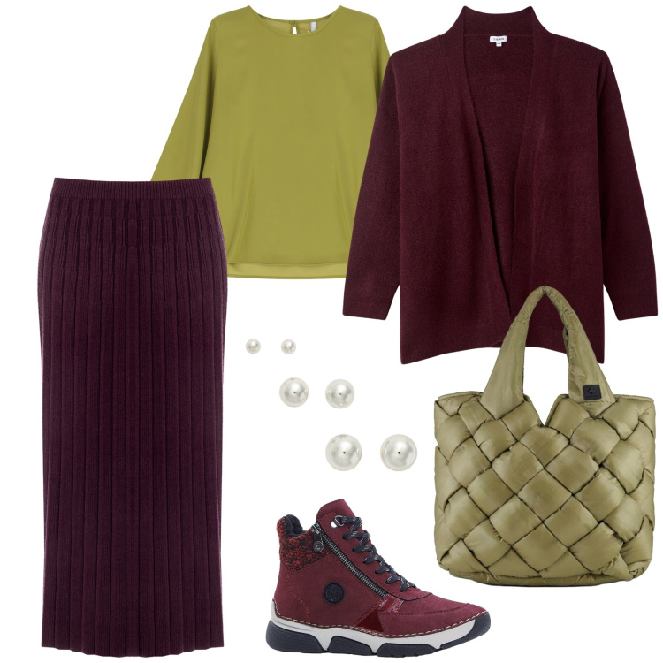 Outfit donna - Sulla neve. per Tutti i giorni. Abbinamento con stivaletti, cardigans, gonne longuette, bluse, orecchini, borse tote.
