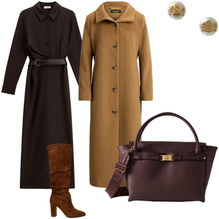 Outfit donna - Total look #2289821. Stile Chic per Ufficio. Abbinamento con borse a mano, vestiti lunghi, cappotti, orecchini, stivali.