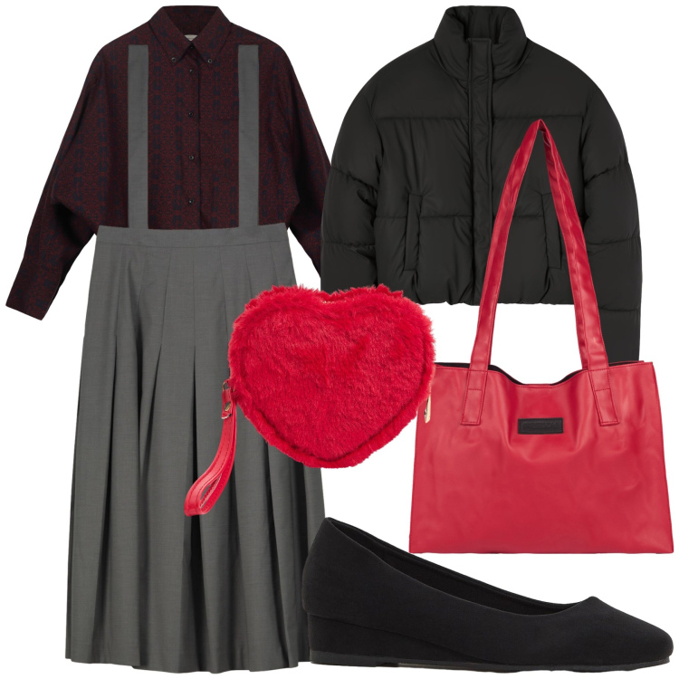 Outfit donna - Total look. Stile Trendy per Tutti i giorni. Abbinamento con décolleté, bomber, portafogli, shopping bag, camicie, gonne lunghe.