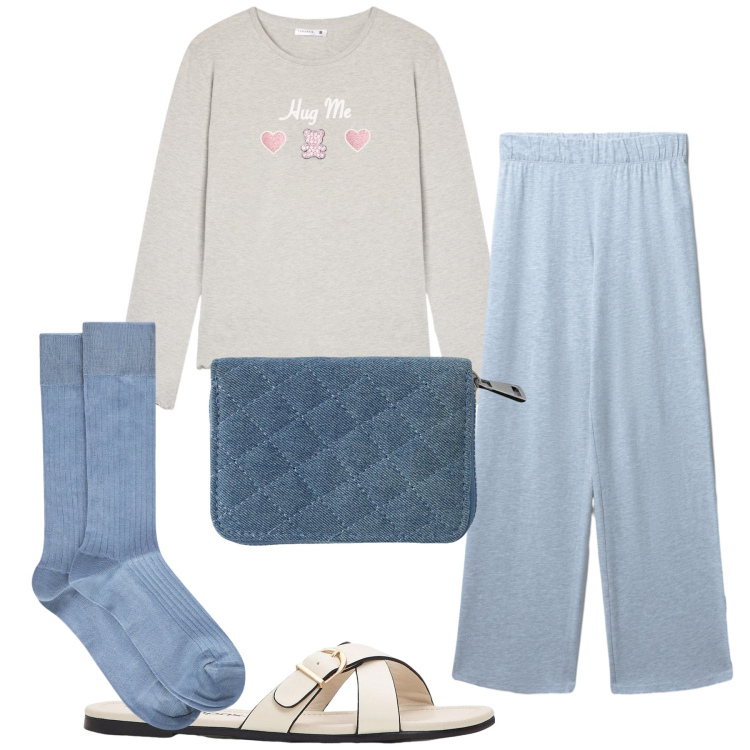 Outfit donna - Arrivata a casa. Stile Basic per Tutti i giorni. Abbinamento con ciabatte, pigiama, portafogli, pigiama, calzini.