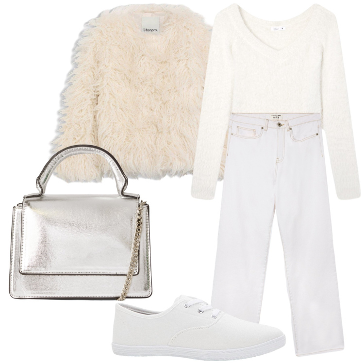 Outfit donna - Soffice e lucente come la neve. Stile Casual chic per Tutti i giorni. Abbinamento con ecopellicce, sneakers, borse a tracolla, jeans dritti, maglieria.