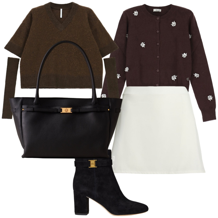 Outfit donna - Maglietta e gonna. Stile Bon Ton per Tutti i giorni. Abbinamento con maglieria, shopping bag, cardigans, minigonne, stivaletti.