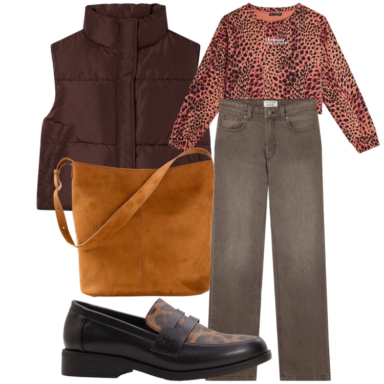 Outfit donna - Al supermercato. Stile Basic per Tutti i giorni. Abbinamento con mocassini, borse a mano, jeans bootcut, piumini, felpe.