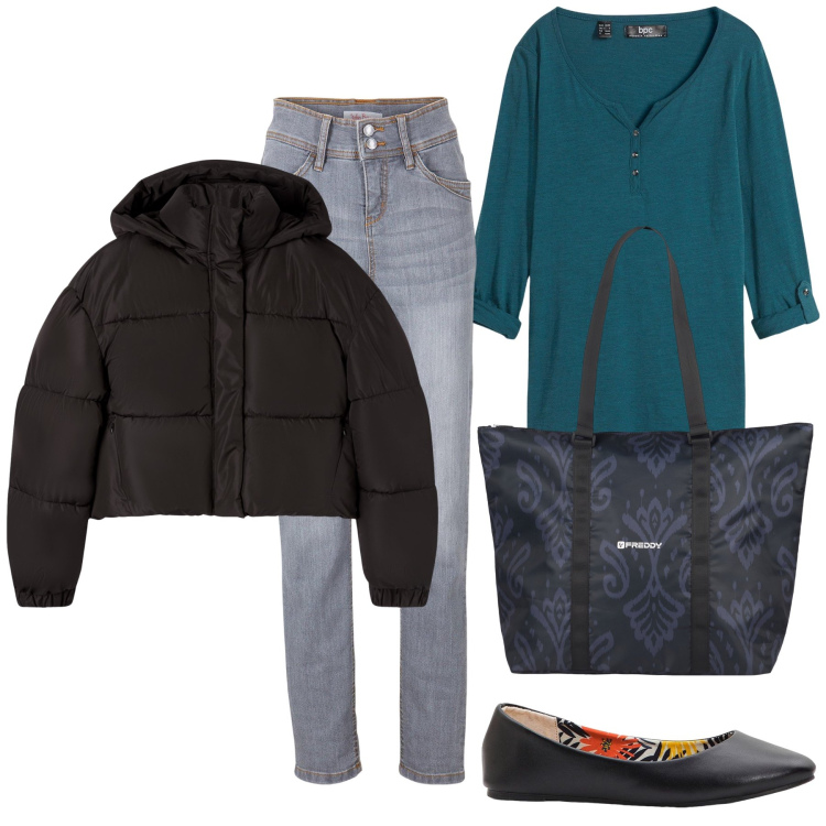 Outfit donna - Total look. Stile Basic per Tutti i giorni. Abbinamento con ballerine, jeans slim fit, cardigans, bomber, shopping bag.