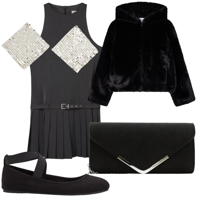 Outfit donna - Carina al ristorante. Stile Trendy per Serata fuori. Abbinamento con ballerine, pochette, orecchini, vestiti corti, ecopellicce.