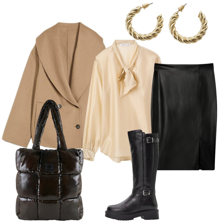 Outfit donna - Elegante in ufficio. Stile Chic per Ufficio. Abbinamento con blazer, stivali, gonne longuette, bluse, orecchini, shopping bag.
