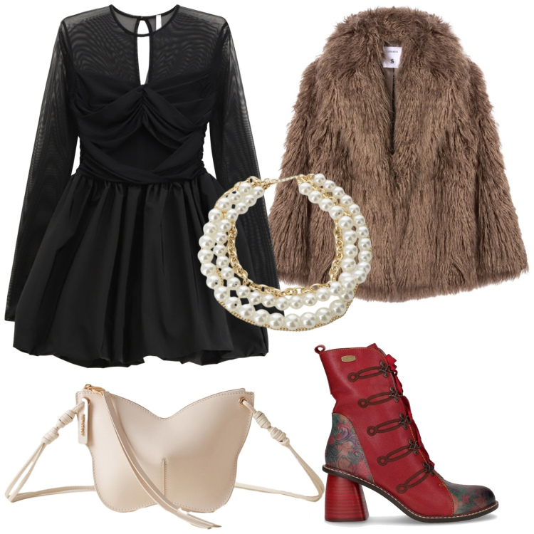 Outfit donna - Glamour anni \'90. Stile Vintage retrò per Serata fuori. Abbinamento con ecopellicce, vestiti corti, borse a tracolla, collane, stivaletti.