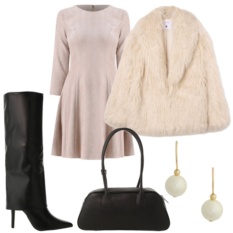 Outfit donna - Vestito di velluto. Stile Chic per Cerimonia. Abbinamento con vestiti corti, ecopellicce, stivali, borse a mano, orecchini.