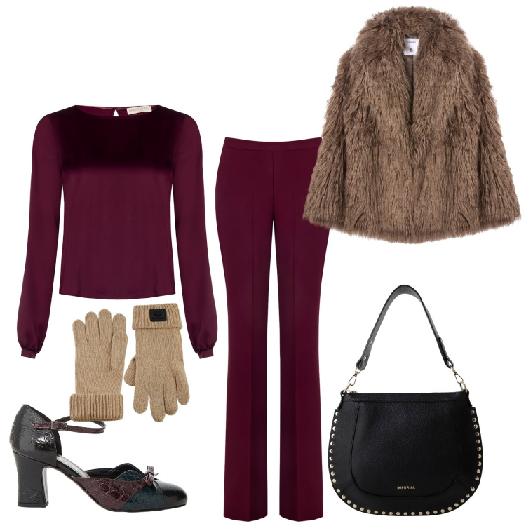 Outfit donna - Total look #2290015. Stile Chic per Serata fuori. Abbinamento con pantaloni, bluse, ecopellicce, borse a spalla, décolleté, guanti.