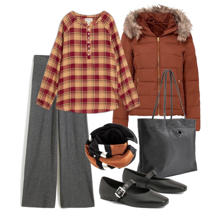 Outfit femme - Novembre. Style Casual pour Tous les jours. Assortir avec manteaux, pantalon large en bas, tuniques, snood, ballerines, sacs tote.