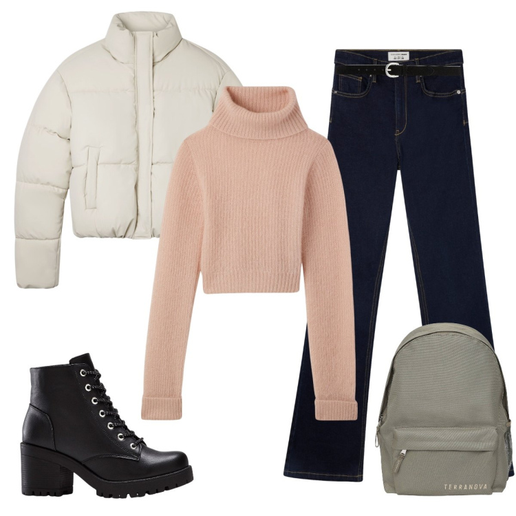 Outfit donna - Un ”caldo” giorno qualunque. Stile Urban per Scuola/Università. Abbinamento con zaini, bomber, maglieria, jeans a zampa, stivaletti, cinture.