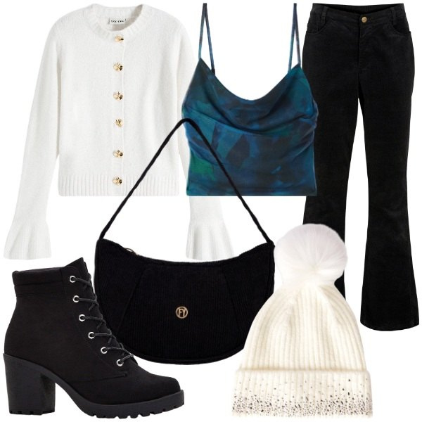 Outfit donna - Il mese del cardigan. Stile Casual chic per Ufficio. Abbinamento con pantaloni, stivaletti, cardigans, canottiere, berretti, borse a mano.