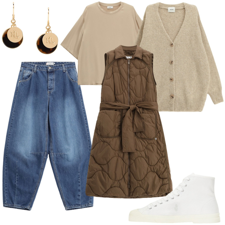 Outfit donna - Cardigan versatile. Stile Casual chic per Tutti i giorni. Abbinamento con jeans, blazer, top, cardigans, sneakers alte, orecchini.