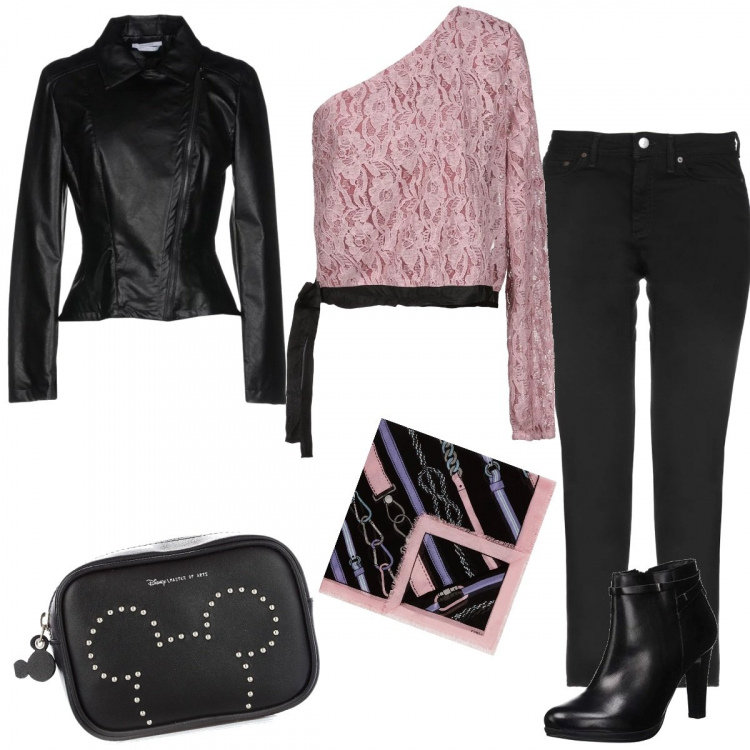 Outfit donna - Rock romatico. Stile Rock per Serata fuori. Abbinamento con giubbotto collo classico a maniche lunghe con zip interno foderato in pelle sintetica tinta unita, top con fiocco e pizzo interno foderato monospalla tinta unita, jeans dritti, scarpe col tacco nero, sciarpa, marsupio con zip nero.