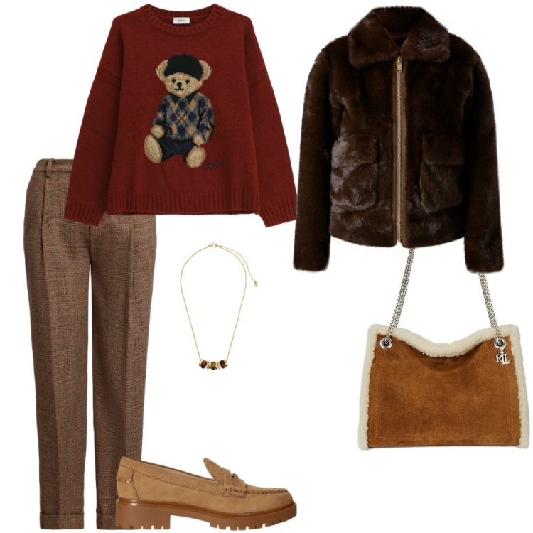 Outfit donna - Time to Christmas. Stile Chic per Serata fuori. Abbinamento con ecopellicce, maglieria, collane, mocassini, pantaloni, borse tote.