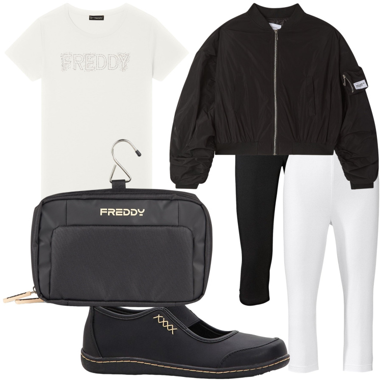 Outfit donna - Breve viaggetto. Stile Basic per Tutti i giorni. Abbinamento con leggings, ballerine, bomber, valigie, t-shirt.