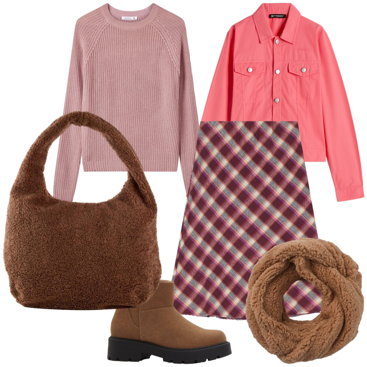 Outfit donna - Voglia di pizza. Stile Trendy per Serata fuori. Abbinamento con shopping bag, stivaletti, sciarpe, maglieria, gonne, blazer.