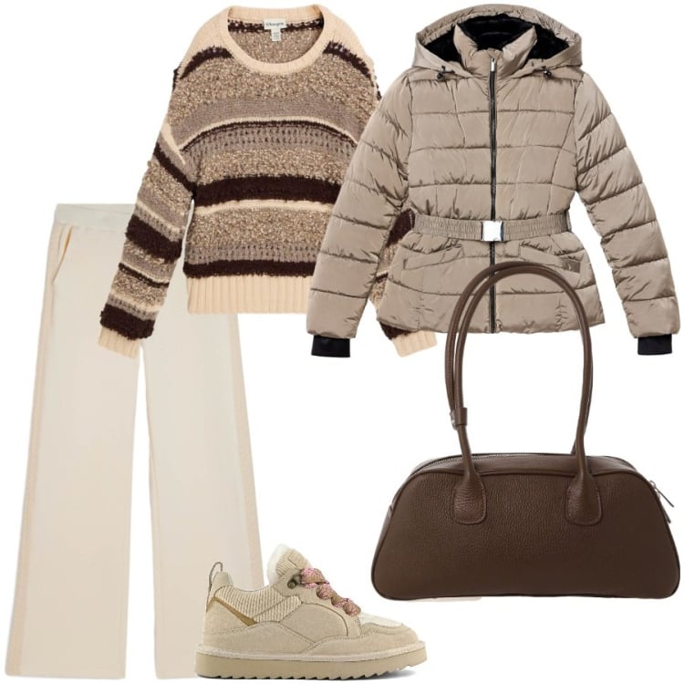 Outfit donna - Cena da amici. Stile Sporty chic per Serata fuori. Abbinamento con maglieria, piumini, pantaloni, borse a mano, sneakers alte.