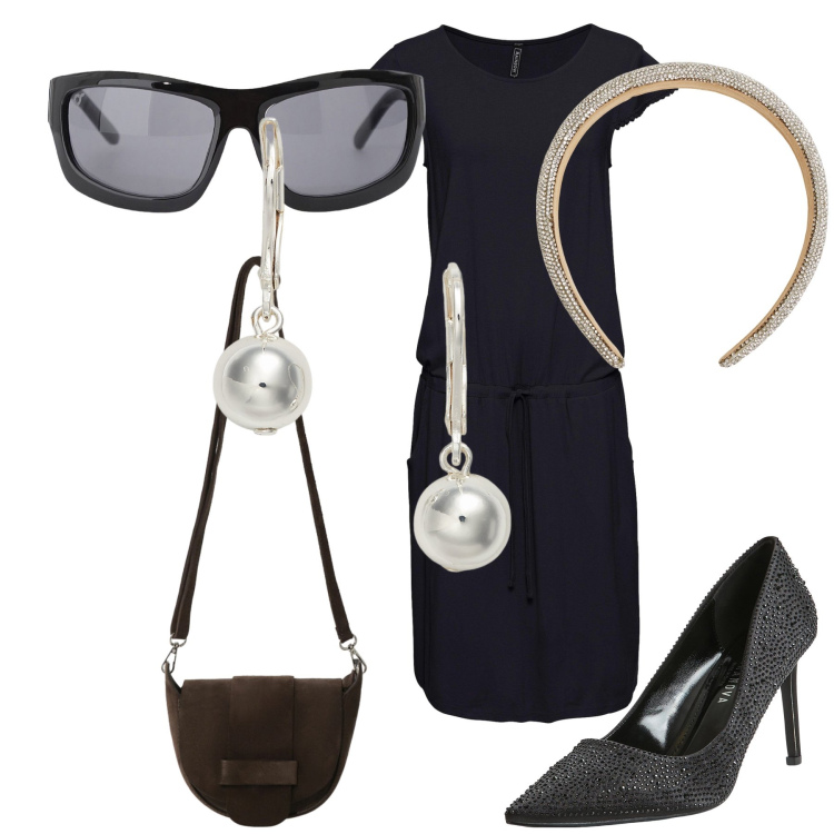 Outfit donna - Colazione da Tiffany. Stile Chic per Serata fuori. Abbinamento con vestiti midi/longuette, décolleté, cerchietti, occhiali da sole, borse a tracolla, orecchini.