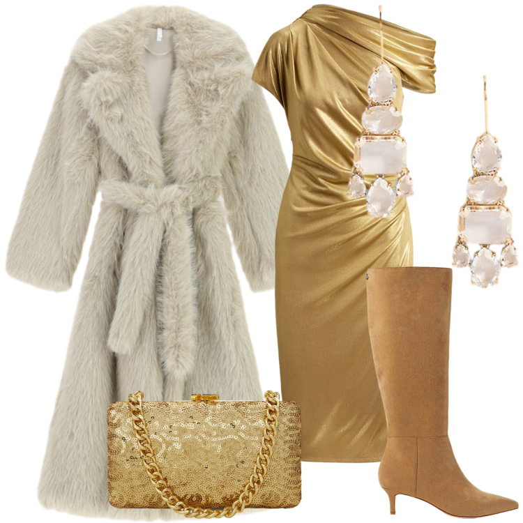 Outfit donna - L inverno di una dea. Stile Glamour per Serata fuori. Abbinamento con cappotti, stivali, vestiti a tubino, orecchini, clutch.