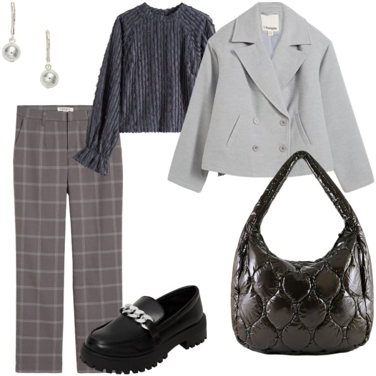 Outfit donna - Ton sur ton. Stile Casual chic per Ufficio. Abbinamento con caban, pantaloni chino, bluse, mocassini, orecchini, borse tote.