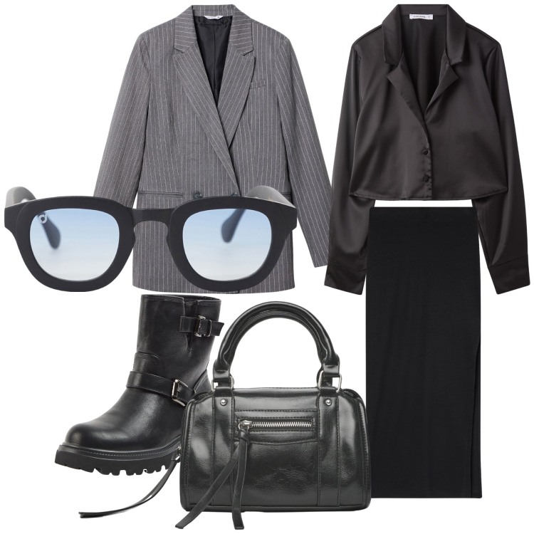Outfit donna - Perfettamente in ufficio. Stile Urban per Ufficio. Abbinamento con gonne lunghe, stivaletti, camicie, blazer, borse a mano, occhiali da sole.