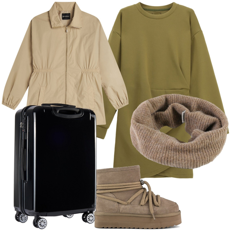 Outfit donna - Un trench per il viaggio. Stile Urban per Tutti i giorni. Abbinamento con vestiti corti, parka, valigie, scaldacollo, stivaletti.