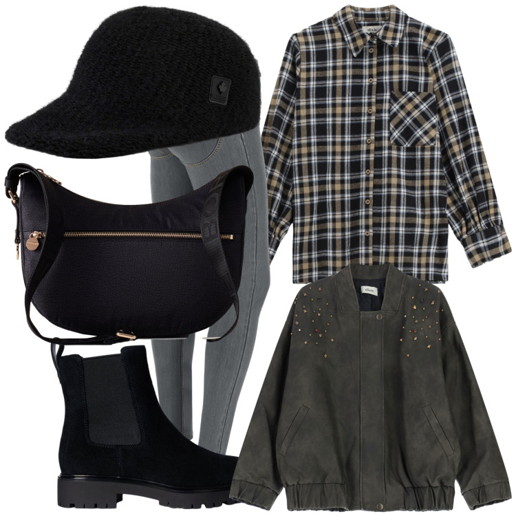 Outfit donna - Sportivamente. Stile Casual chic per Tutti i giorni. Abbinamento con bomber, camicie, borse a spalla, jeans skinny, stivaletti chelsea, cappelli con visiera.