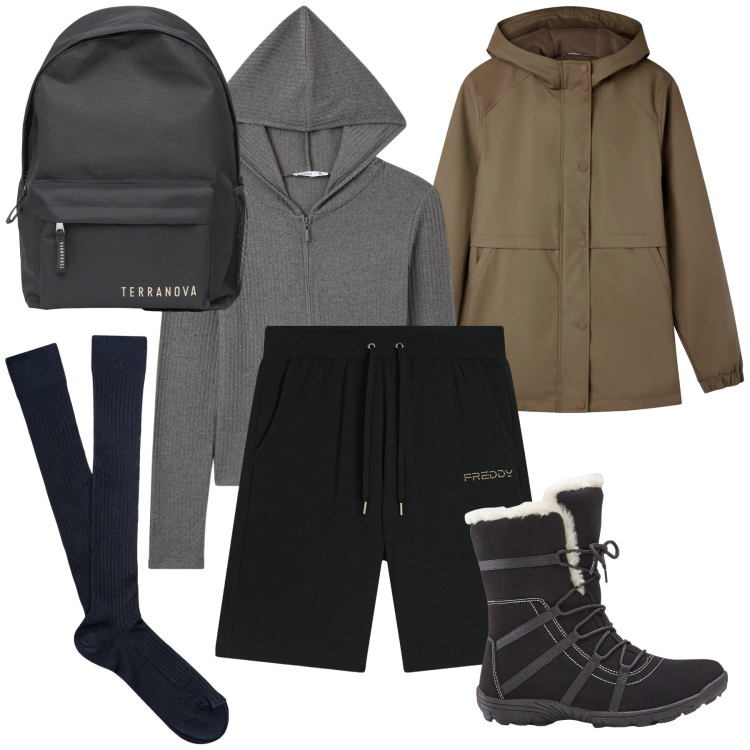 Outfit donna - Bermuda nella neve. Stile Casual per Tutti i giorni. Abbinamento con stivaletti, maglieria, blazer, zaini, bermuda, calzini.