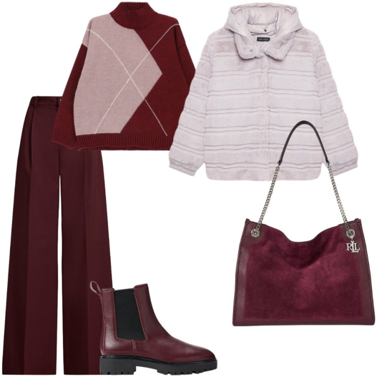 Outfit donna - Total look #2290198. Stile Chic per Ufficio. Abbinamento con maglieria, stivaletti chelsea, pantaloni, borse tote, ecopellicce.