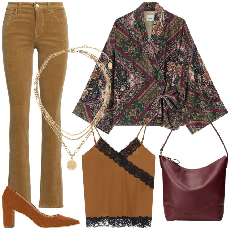 Outfit donna - Cena fuori. Stile Chic per Serata fuori. Abbinamento con blazer, top, pantaloni, décolleté, borse a secchiello, ciondoli.