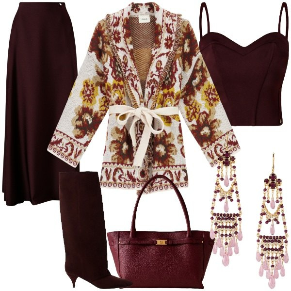 Outfit donna - Il mese del cardigan 2025. Stile Glamour per Serata fuori. Abbinamento con gonne lunghe, top, shopping bag, cardigans, stivali, orecchini.