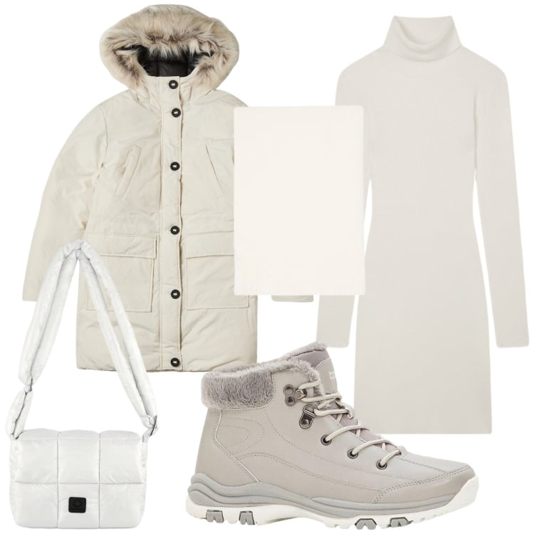 Outfit donna - Let’s it snow. Stile Basic per Tutti i giorni. Abbinamento con stivaletti, vestiti corti, parka, borse a spalla, sciarpe.