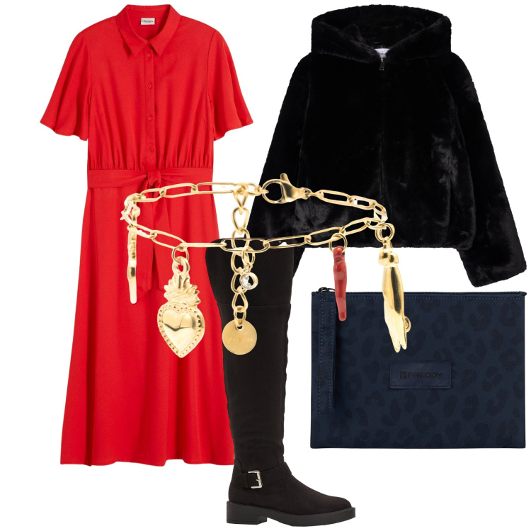 Outfit donna - Il rosso porte bonheur. Stile Trendy per Serata fuori. Abbinamento con vestiti chemisier, stivali sopra il ginocchio, ecopellicce, braccialetti, clutch.