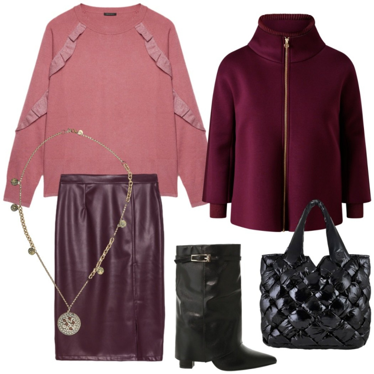 Outfit donna - Outfit giorno. Stile Chic per Tutti i giorni. Abbinamento con cappe, stivali, ciondoli, borse tote, gonne longuette, maglieria.