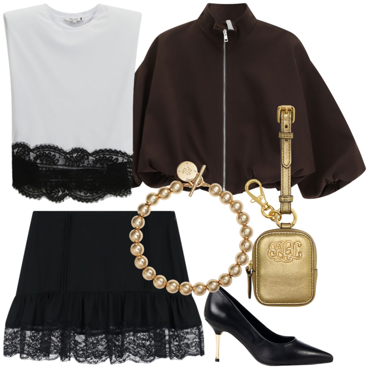 Outfit donna - Serata in mini chic. Stile Glamour per Serata fuori. Abbinamento con top, décolleté, bomber, minigonne, pochette, braccialetti.