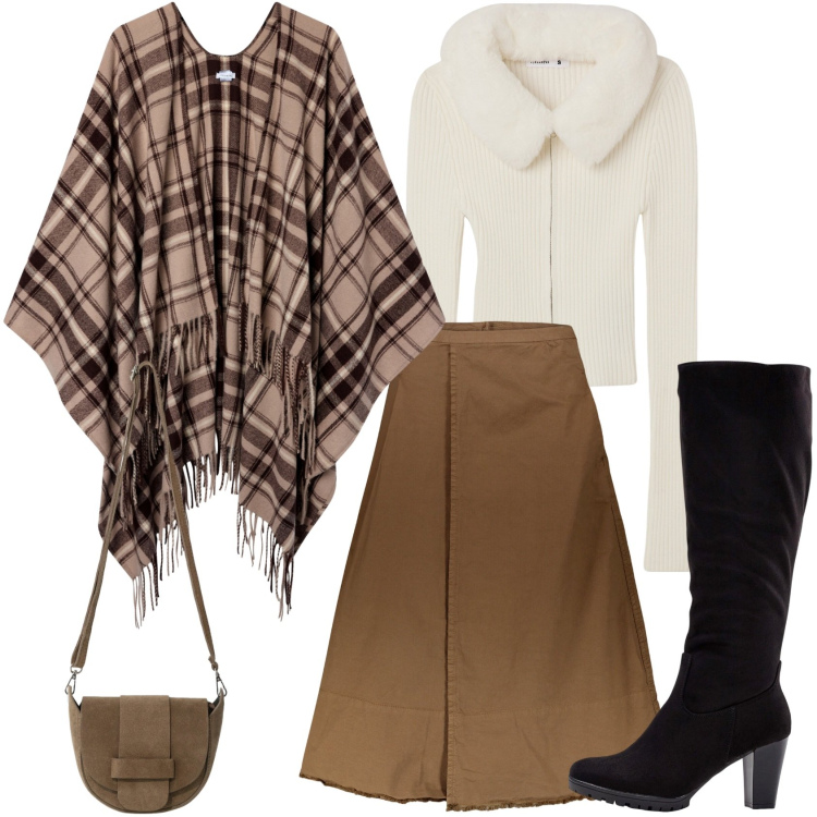 Outfit donna - Total look #2290206. Stile Glamour per Tutti i giorni. Abbinamento con stivali, cardigans, cappotti, borse a tracolla, gonne lunghe.