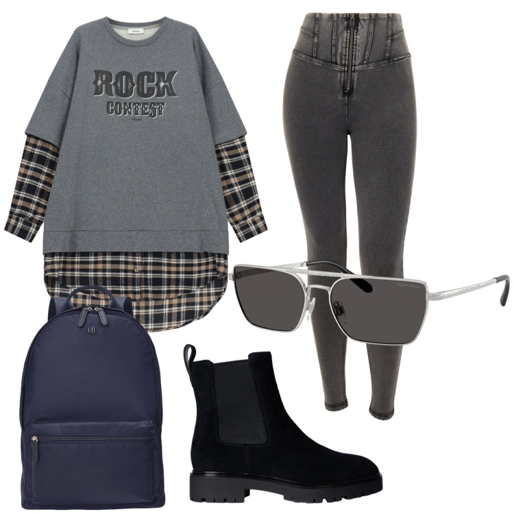 Outfit donna - Total look. Stile Casual per Tutti i giorni. Abbinamento con jeans skinny, vestiti lunghi, zaini, occhiali da sole, stivaletti chelsea.