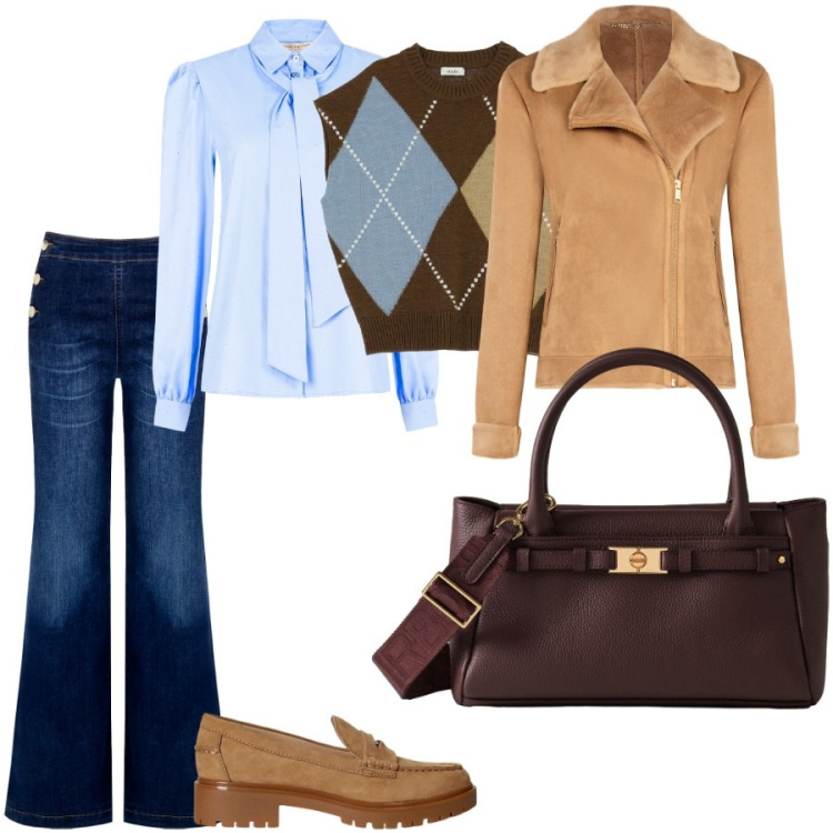 Outfit donna - Shopping natalizio. Stile Casual chic per Serata fuori. Abbinamento con jeans, giacche, camicie, borse a mano, gilet, mocassini.