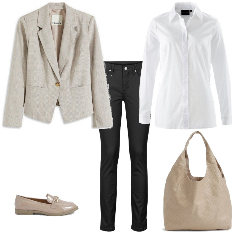 Outfit femme - Novembre au bureau. Style Basique pour Tous les jours. Assortir avec jeans, chemisiers, blazers, mocassins, sacs tote.