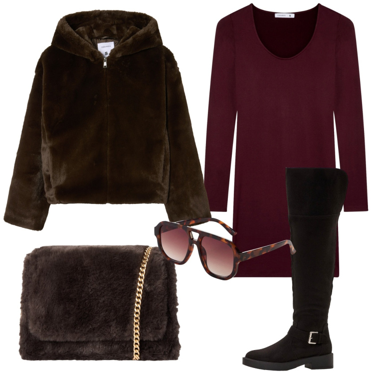 Outfit donna - Total look #2290210. Stile Trendy per Tutti i giorni. Abbinamento con stivali sopra il ginocchio, occhiali da sole, vestiti corti, ecopellicce, borse a tracolla.