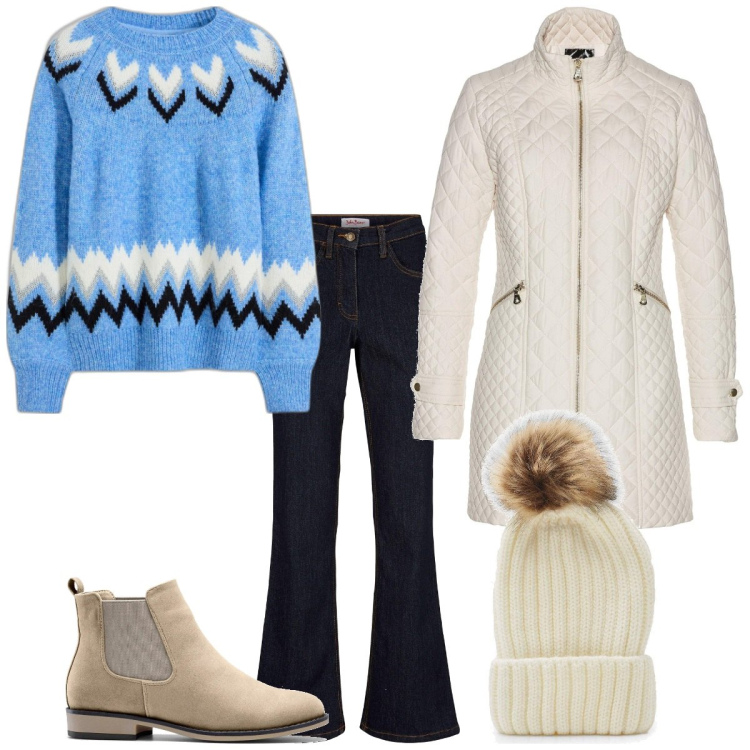 Outfit femme - Froid de novembre. Style Basique pour Tous les jours. Assortir avec manteaux, pulls, jean bootcut, boots, bonnets.