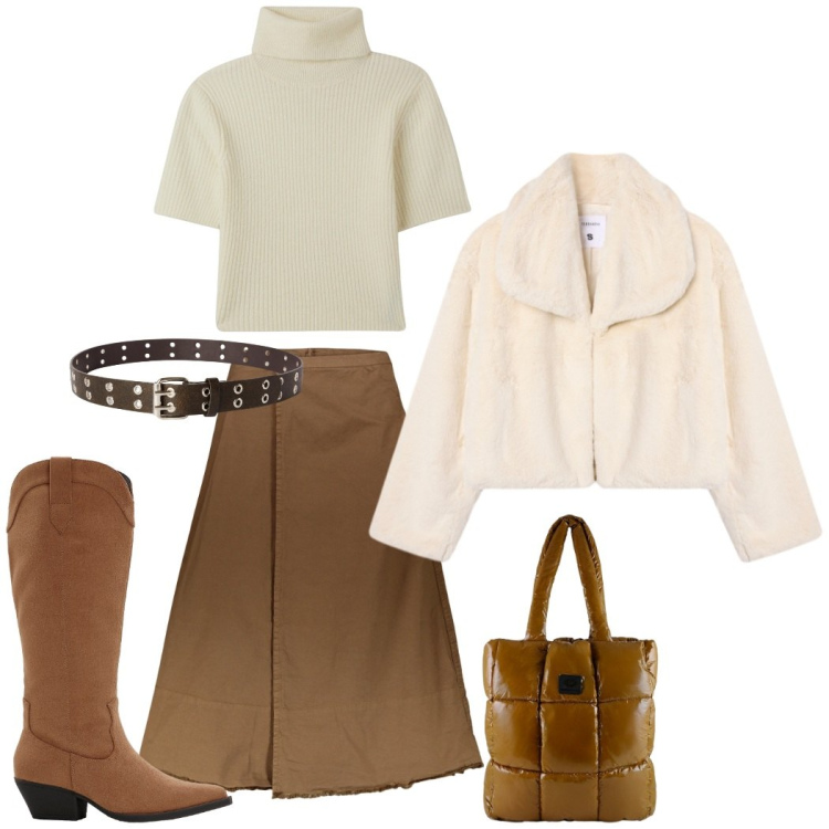 Outfit donna - Total look #2290215. Stile Casual chic per Tutti i giorni. Abbinamento con stivali, maglieria, cinture, ecopellicce, shopping bag, gonne lunghe.