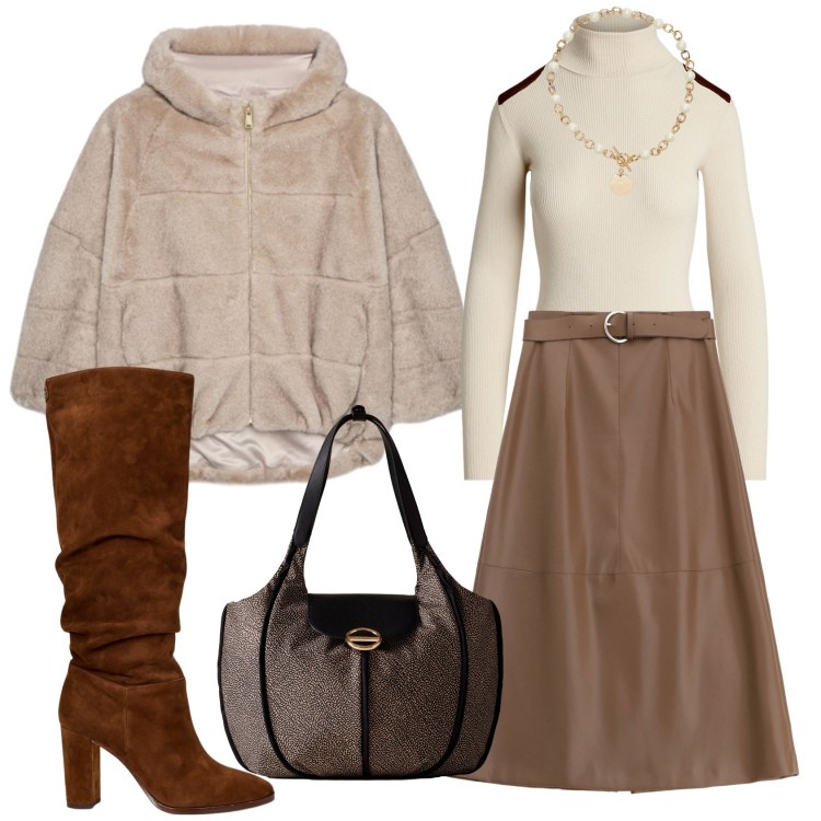 Outfit donna - Total look #2290217. Stile Glamour per Tutti i giorni. Abbinamento con gonne lunghe, shopping bag, collane, maglieria, stivali, ecopellicce.