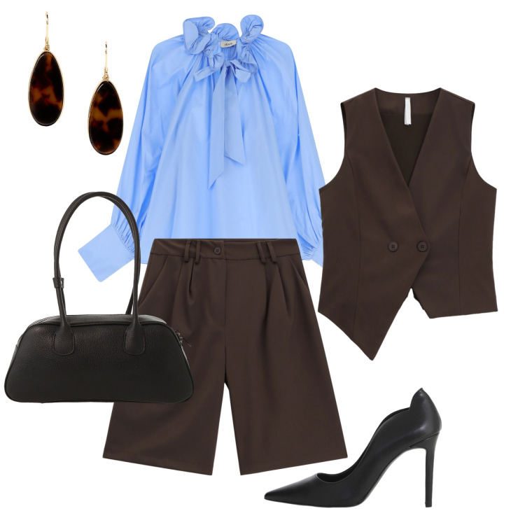 Outfit donna - Bermuda chic. Stile Glamour per Ufficio. Abbinamento con gilet, shorts, camicie, borse a mano, décolleté, orecchini.