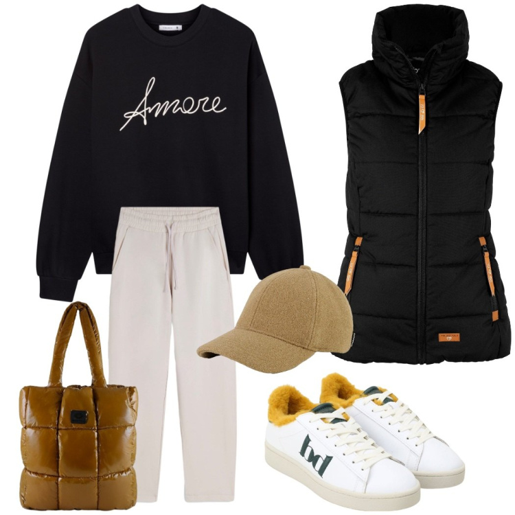 Outfit donna - Tempo libero. Stile Sporty chic per Tutti i giorni. Abbinamento con piumini, felpe, sneakers, pantaloni, cappelli, shopping bag.