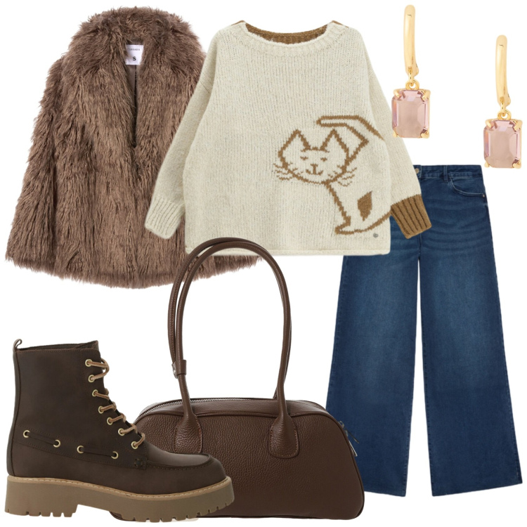 Outfit donna - Maglione girocollo miao miao. Stile Casual per Tutti i giorni. Abbinamento con maglieria, ecopellicce, borse a mano, stivaletti, orecchini, jeans.